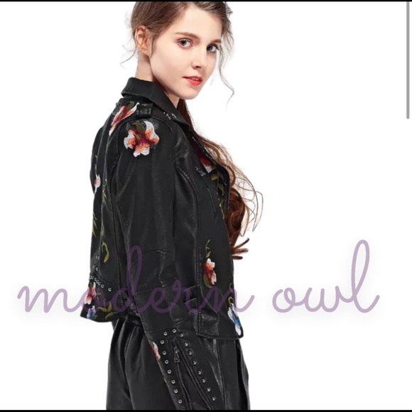 New! Black Embroidered Flowers With Stud Faux Leather Motorcycle Style Jacket - Picture 10 of 15